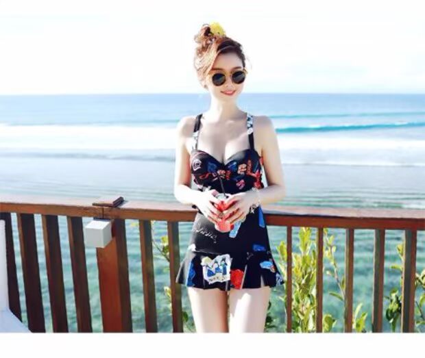 Bảo thủ chia áo tắm phụ nữ Tấm thép Halter với quần lót ngực Quần áo tắm hai mảnh Slim bụng giảm béo - Bộ đồ bơi hai mảnh bikini 2 mảnh màu đen	