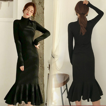 2021 autumn Korean temperament is thin, small black dress, slim mid-length, small stand-up collar fishtail dress, female base skirt