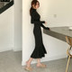 2022 Spring and Autumn Korean Style Slim Little Black Dress Slim Medium Long Small Stand Collar Fishtail Dress Women's Bottoming Skirt