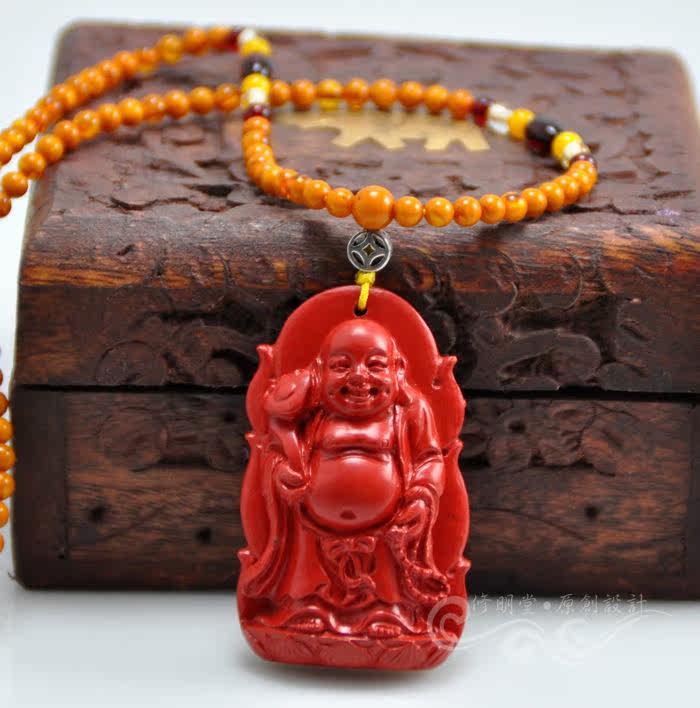 修明堂 保真 台湾真品朱砂含原矿吊坠项链 平安大肚弥勒佛吊坠