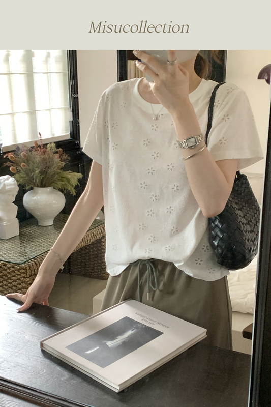 Versatile Small Floral Top, Jacquard Hollow-Out Round Neck Short-Sleeve T-Shirt, Gentle Style Top T-Shirt Versatile Small Floral Top, Jacquard Hollow-Out Round Neck Short-Sleeve T-Shirt, Gentle Style Top T-Shirt