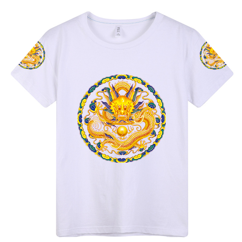 Áo gió phong cách quốc gia Trung Quốc áo thun tay ngắn rồng chơi hạt cotton cổ tròn cỡ lớn nam và nữ mùa hè retro tay áo áo thun nam gucci