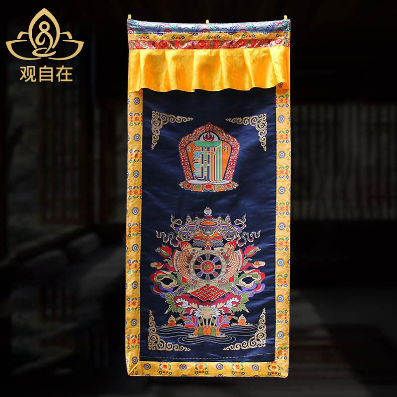 Tibetan curtain Tibetan national style decorative hand embroidery eight auspicious ten-phase free thickened partition curtain blue