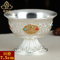 Ethnic style household items office utensils water bowl desktop water cup eight auspicious tall holy water cup ornament silver 1 piece