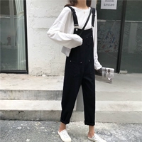 Denim bib nữ sinh viên lỏng móc móc Hồng Kông hương vị retro phong cách Harajuku ulzzang thẳng chín quần quần jean rách hàn quốc