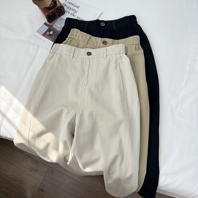 Lyocell Cotton Khaki Straight-Leg Casual Pants for Women 2026 New Style Petite Spring High-Waisted Loose Slimming Cropped Pants