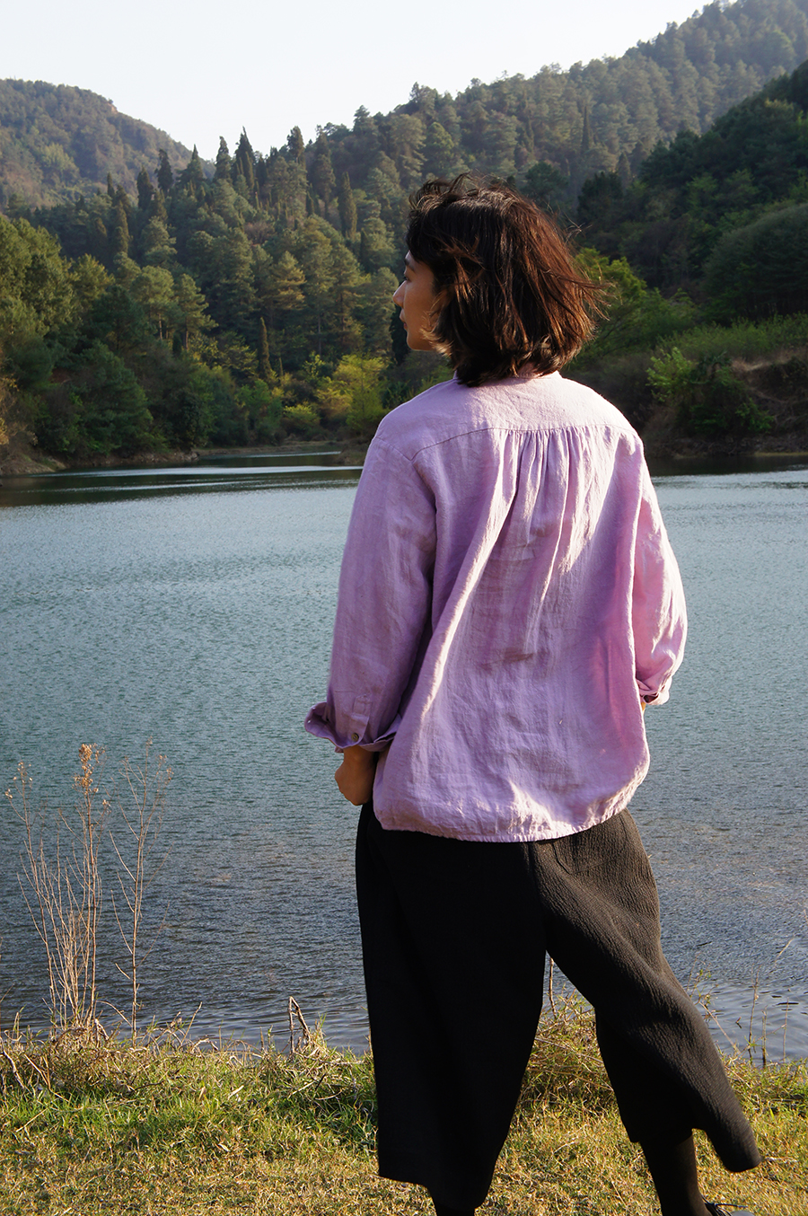 Shawl Collar Sheer Linen Washed Shirt - เสื้อเชิ้ตผู้หญิง - ผ้าฝ้าย/ผ้าลินิน สีม่วง