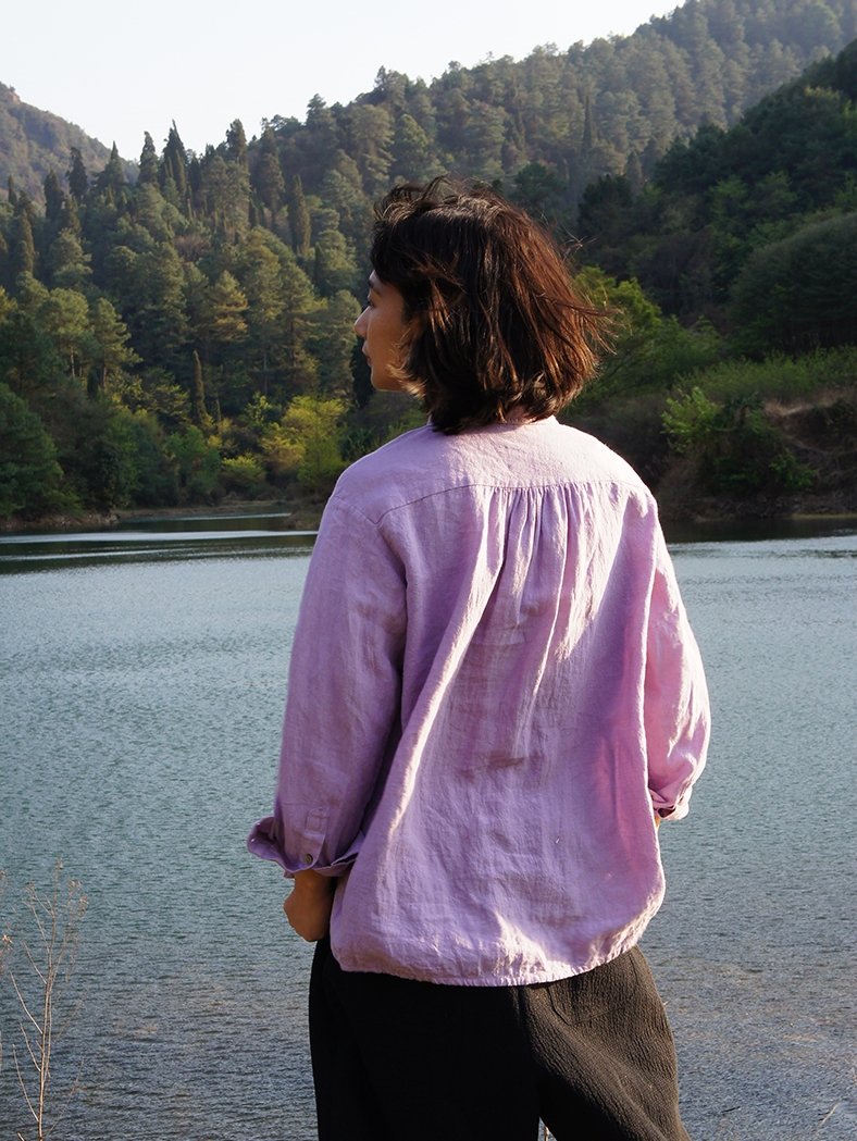 Shawl Collar Sheer Linen Washed Shirt - เสื้อเชิ้ตผู้หญิง - ผ้าฝ้าย/ผ้าลินิน สีม่วง