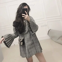 Mùa thu 2018 mới của phụ nữ phiên bản Hàn Quốc của phong cách sang trọng xếp li tay áo kẻ sọc phù hợp với áo khoác nữ thủy triều bộ vest nữ quần ống rộng