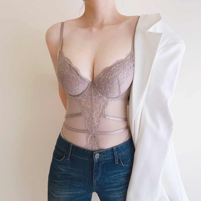 Sexy Lingerie Lace Push-Up Bra Slimming Shapewear All-In-One Hollow Mesh Tummy Control Waist Corset Bodysuit for Women