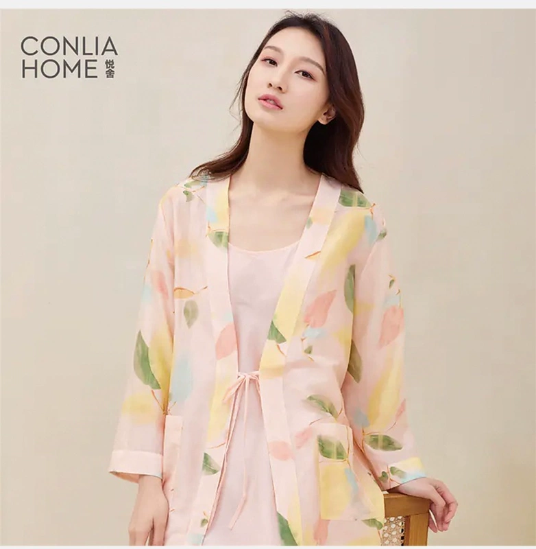 Connie Homewear Pyjamas New Mulberry Silk + Cotton Dài tay Nữ Váy ngủ Sling Bộ 2 mảnh nhẹ 020621010 - Night Robe