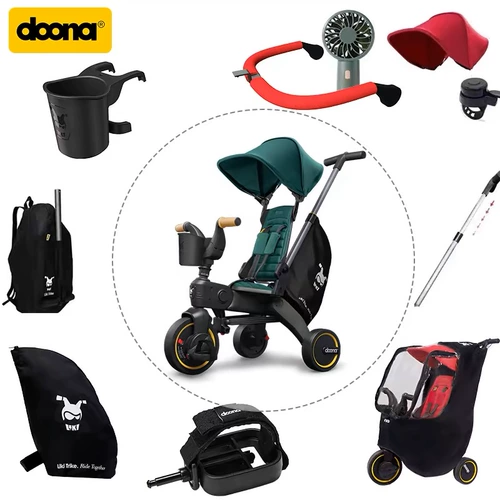 Doona, детский трехколесный велосипед с аксессуарами, дождевик, держатель для стакана, тележка, сумка для хранения, коробочка для хранения, колокольчик с педалями