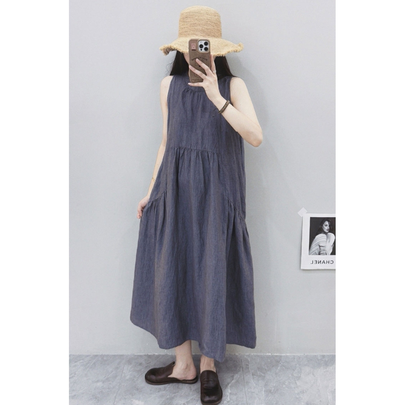 Large Size 100% Linen Sleeveless Dress for Summer, Stylish and Elegant Long Dress with a Holiday Vibe, A-Line Loose Dress