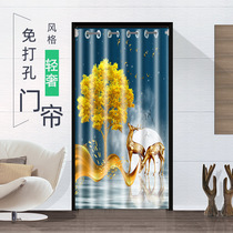 New Chinese style non-perforated fabric door curtain partition curtain household windshield air-proof kitchen bedroom door curtain telescopic rod