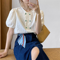 Round neck short sleeve shirt female design sense niche 2021 summer new double-breasted Korean bubble sleeve Net red top