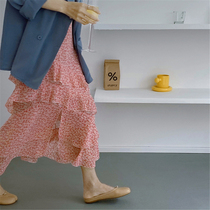 High waist thin Medium-length dress floral skirt women 2021 summer new Korean version design feel split cake long skirt