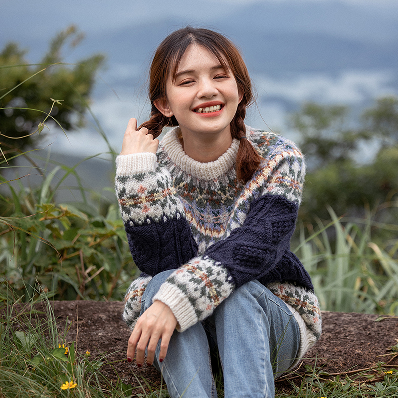 Japanese Retro Navy Blue Fair Isle Sweater Travel Ferris Wheel Artistic Unisex Wool Hand-Knitted