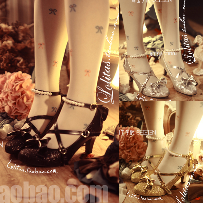 Original Design Super Comfortable [Dance Shoes Little Gold Shoes] Round Toe Lolita Pearl Decoration Strap High Heels
