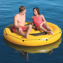 In the super large adult swimming ring the inflatable bed on the face of the water is riding a floating boat with thickened pairs of double floating pads