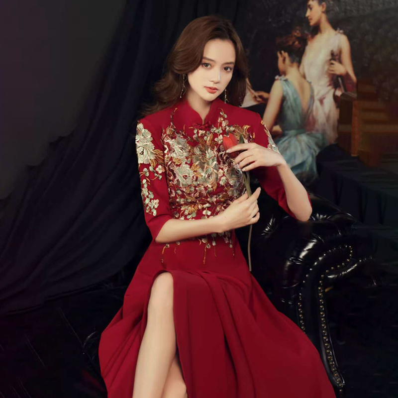 Burgundy Plus-Size Modern Chinese-Style Improved Cheongsam Toast Dress Bride Wedding Engagement Dress Homecoming Banquet Dress