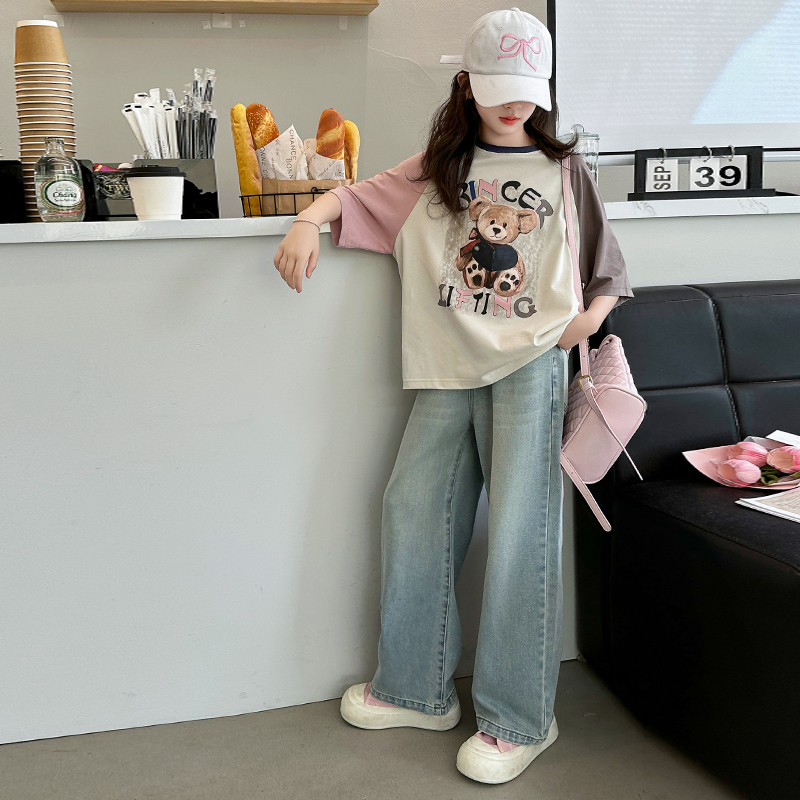 女の子半袖Tシャツ2025新しい夏スーツスタイリッシュな大きな子供夏綿トップ9女の子夏服