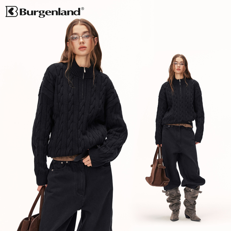 Burgenland Cable Knit Half-Zip Cardigan Sweater for Women 2026 Autumn and Winter Casual Loose Black Knit Top Burgenland Cable Knit Half-Zip Cardigan Sweater for Women 2026 Autumn and Winter Casual Loose Black Knit Top