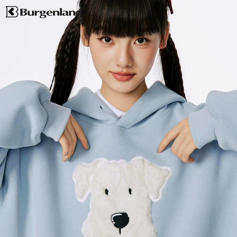 Burgenland Patchwork Embroidered Pullover Hoodie for Women, Spring and Autumn, Dog-Themed, Loose, College Style, Sweet Hoodie Top