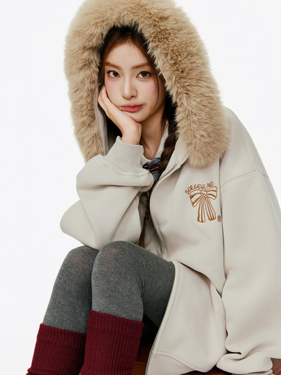 Женская толстовка-кардиган с меховым воротником и капюшоном, осенне-зимняя, с вышивкой, в стиле ретро, на молнии, повседневная, свободного кроя, с мехом