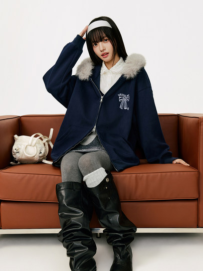 Женская толстовка-кардиган с меховым воротником и капюшоном, осенне-зимняя, с вышивкой, в стиле ретро, на молнии, повседневная, свободного кроя, с мехом