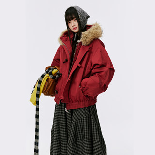 Burgenland Red Parka Cotton Jacket for Women with Fur Collar, Stylish Horn Button Winter Coat, 2025 New Cotton-Padded Jacket