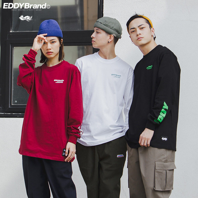 EDDY original fashion trend Loose long-sleeved T-shirt men's crew neck pure cotton clothing European version of autumn printing tide ins