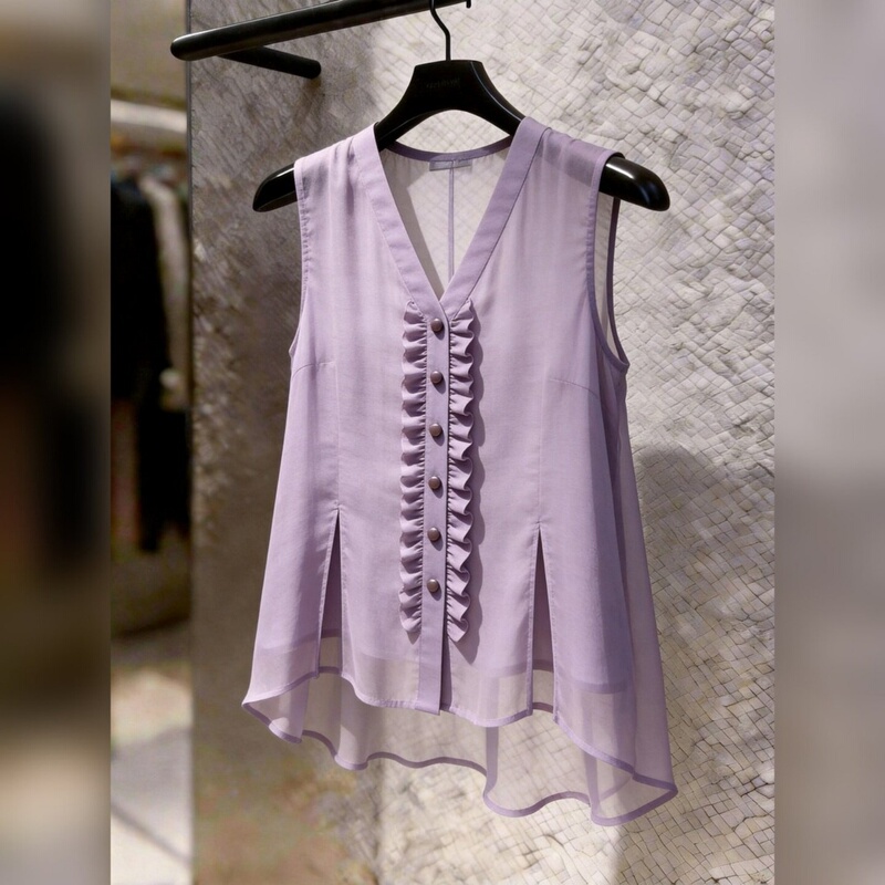 Purple Mature-Style V-Neck Ruffled Sleeveless Shirt for Women, Summer Korean Simple Style, Elegant Commuter Top, Trendy