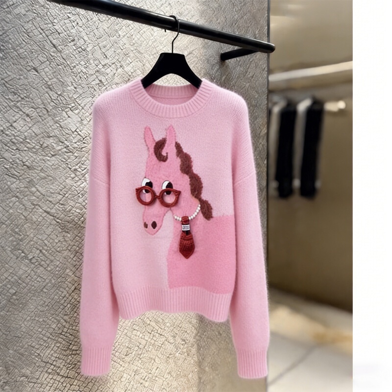 French-Style Winter Soft and Cozy Lazy Style Niche Unique Non-Repetitive Christmas Zodiac Year Pink Pony Sweater for Women