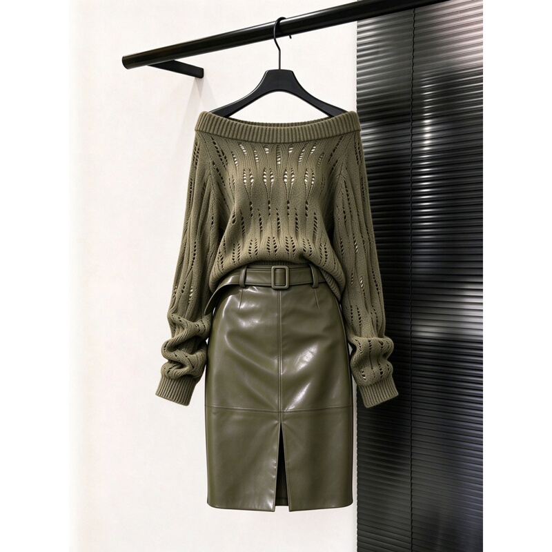French-Style Mature Intellectual Outfit, Olive Green Hollow Sweater and Skirt Two-Piece Suit for Women, Early Autumn New Style French-Style Mature Intellectual Outfit, Olive Green Hollow Sweater and Skirt Two-Piece Suit for Women, Early Autumn New Style