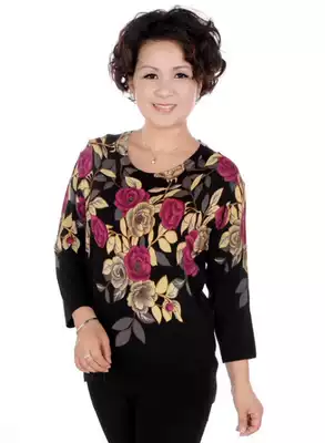 Middle-aged and elderly women's clothing, mother's clothing, autumn clothing, middle-aged and elderly three-point sleeve knitted bottoming T-shirt sweater, elderly cardigan