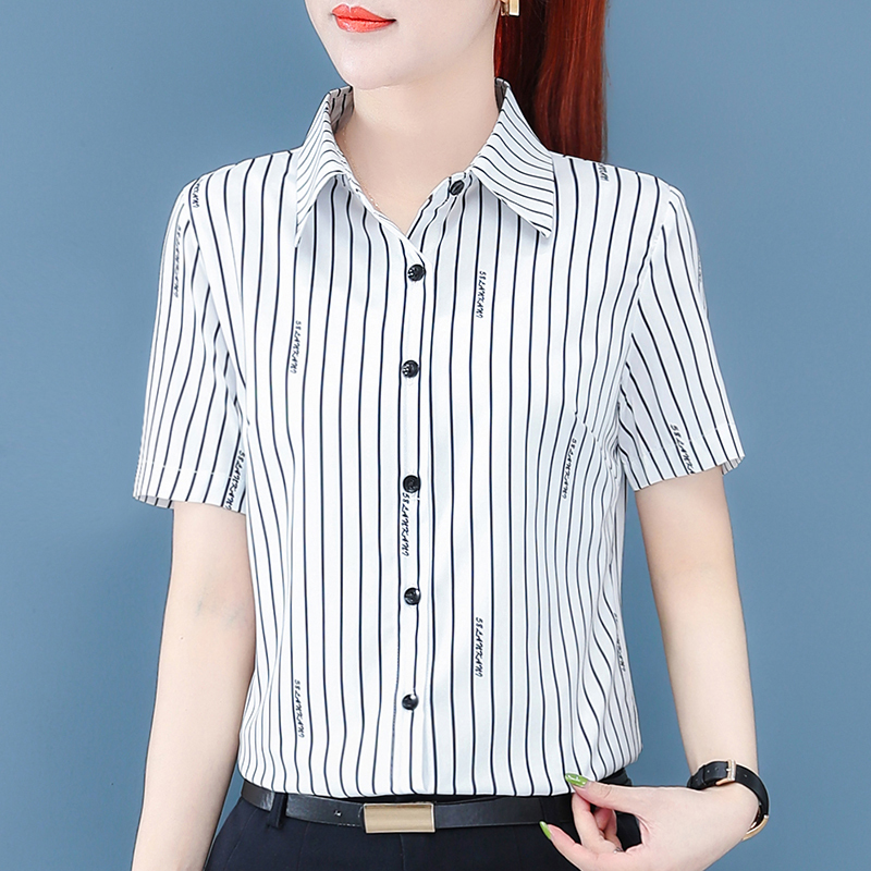 Short-Sleeved Striped Shirt for Women, White, 2025 Summer New Style, Elegant Chiffon Blouse for Mothers, Age-Reducing and Slimming Top Short-Sleeved Striped Shirt for Women, White, 2025 Summer New Style, Elegant Chiffon Blouse for Mothers, Age-Reducing and Slimming Top