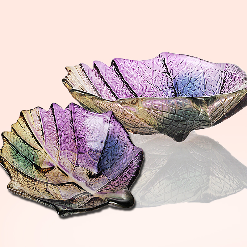 Crystal glass fruit plate Fruit bucket Leaf-shaped glass fruit plate Color dry fruit plate Lead-free large European salad bowl