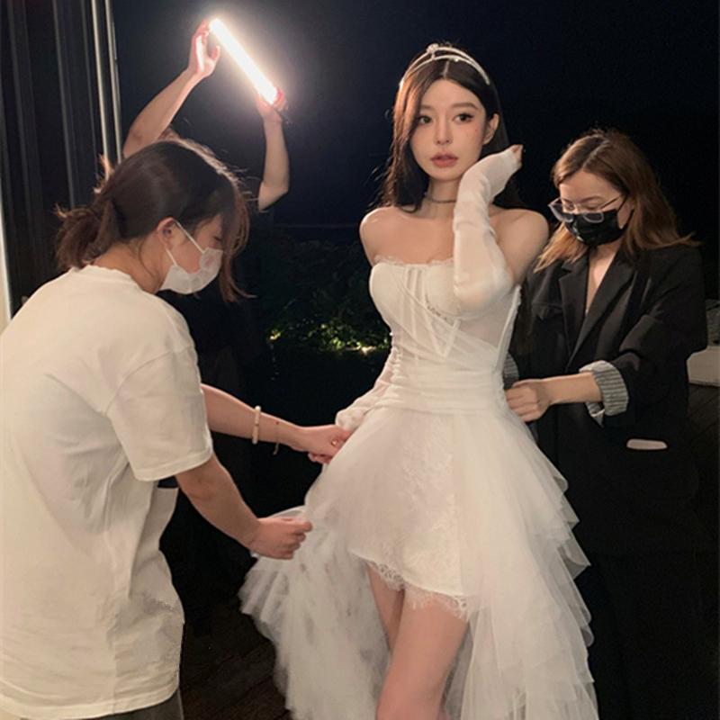 Strapless Cosplay Coming-Of-Age Ceremony Light Luxury Wedding Dress French White Angel Evening Dress Fugitive Princess Birthday Party Strapless Cosplay Coming-Of-Age Ceremony Light Luxury Wedding Dress French White Angel Evening Dress Fugitive Princess Birthday Party