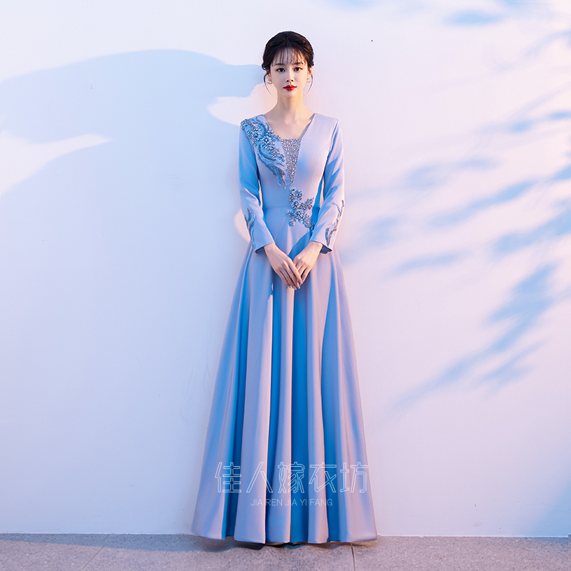 High-End Choir Performance Dress for Women, Long Blue Dress for Folk Music Performance, Student Art Exam, Host, Etiquette, Evening Dress