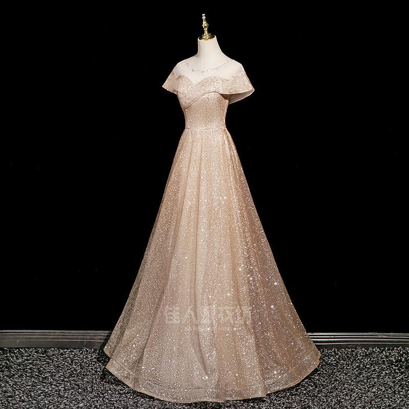 Evening Dress Gradient Champagne Color Dinner Party Annual Meeting Stage Performance Art Exam Starry Sky Choir Conductor Outfit Host Off-Shoulder