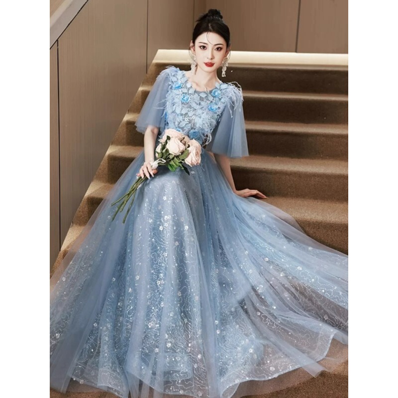 Blue Dreamy Style Long Evening Dress for Women, High-End Light Luxury Fairy Performance Host, Art Exam, Coming-Of-Age Ceremony, Student