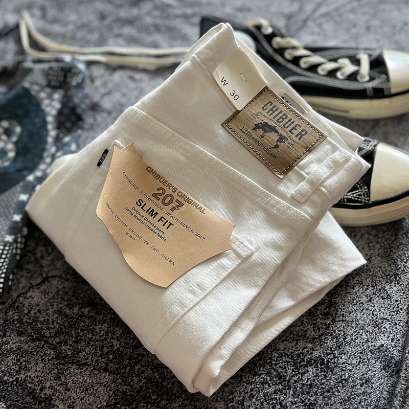 Vintage Japanese-Style White Denim with Red Selvedge, Retro American Workwear Straight-Leg Full Cotton Washed White Jeans Trendy Vintage Japanese-Style White Denim with Red Selvedge, Retro American Workwear Straight-Leg Full Cotton Washed White Jeans Trendy