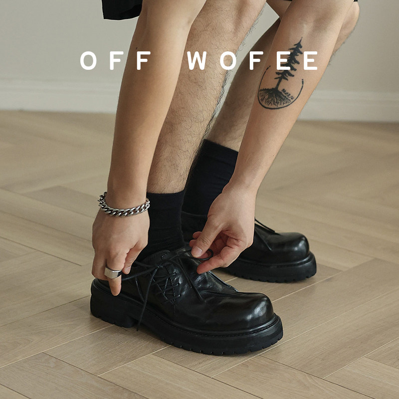 Плиссированные туфли-дерби из лошадиной кожи OFFWOFEE, черные кожаные туфли с увеличенной толщиной подошвы, модная мужская и женская обувь для пригородов Изображение 1