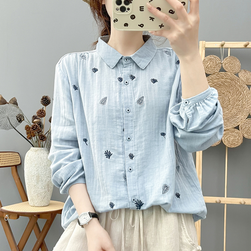 Double-Layer Cotton Gauze Long-Sleeved Shirt for Women, Forest-Style, Artistic, Fresh, Leaf Embroidery, Soft, Skin-Friendly, Breathable, All-Cotton Top Double-Layer Cotton Gauze Long-Sleeved Shirt for Women, Forest-Style, Artistic, Fresh, Leaf Embroidery, Soft, Skin-Friendly, Breathable, All-Cotton Top