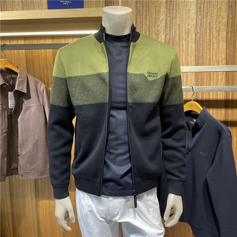 Baoxiniao 26 Men's Comfortable Merino Wool Stand Collar Knitted Jacket Zipper Contrast Color Casual Sweater Coat