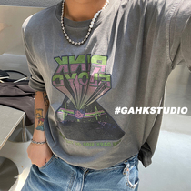 GAHKSTUDIO American Retro Spring Summer Premium High Street Print Wash Dred T-shirt