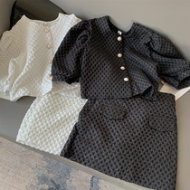 Retro three-dimensional diamond dark texture bubble sleeve short top summer New temperament small fragrant wind half skirt two-piece set