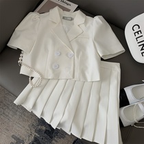 Fashionable age women bubble sleeves high waist pleated skirt suit 2021 summer temperament up and down suit two-piece suit