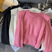 Soft glutinous glutinous hollowed-out horse fur pro-skin knit cardiovert 2022 autumn new product Temperament Cushion Shoulder design High waist covered head sweater