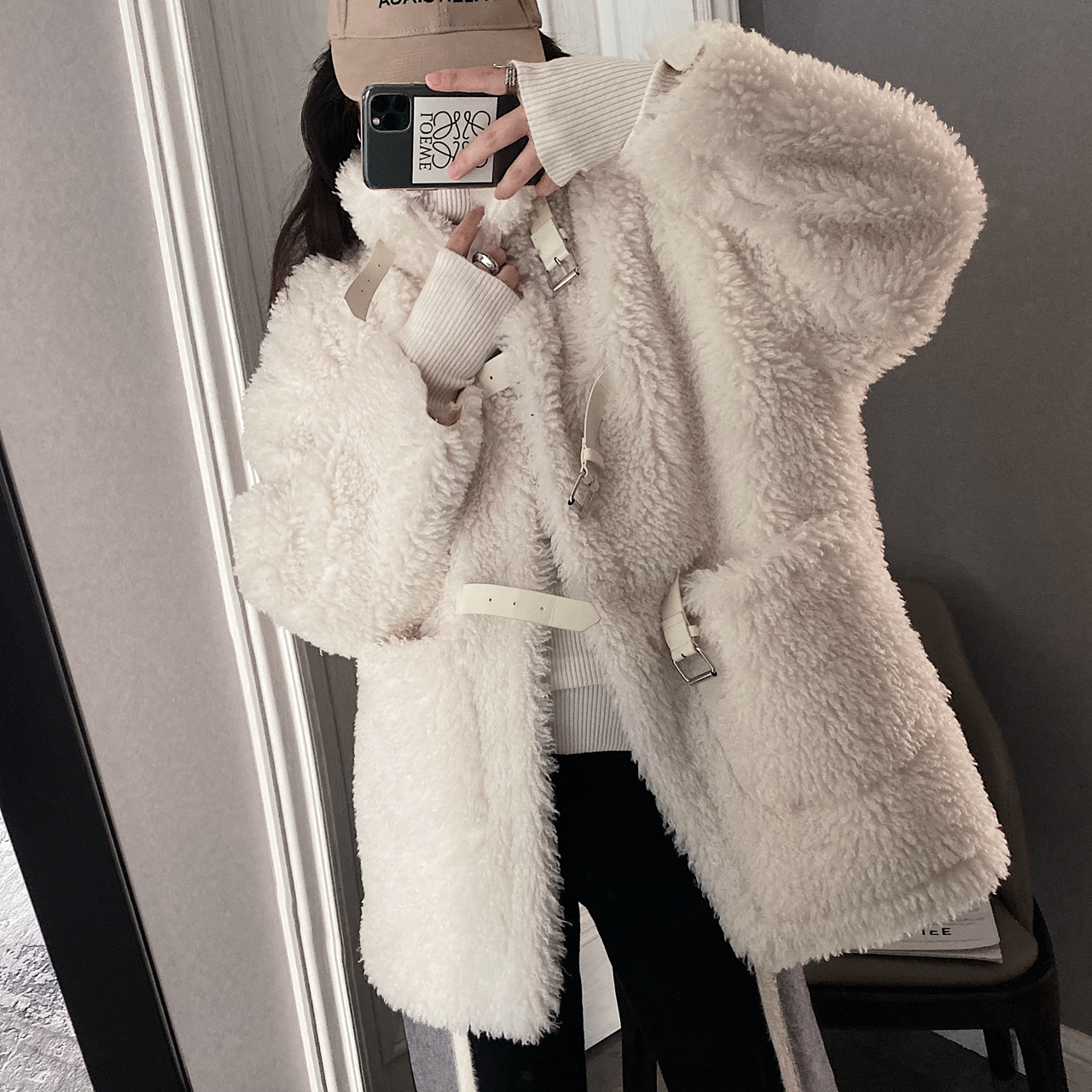 Korean version of sheepskin leather buckle basic motorcycle long coat women 2021 winter new trendy straight suede coat